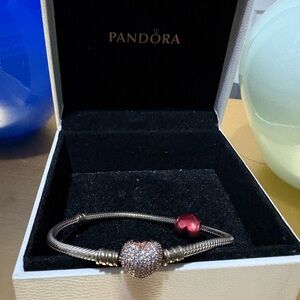 Pandora Bracelet with Gold and Red Heart Charms